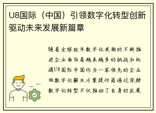U8国际（中国）引领数字化转型创新驱动未来发展新篇章